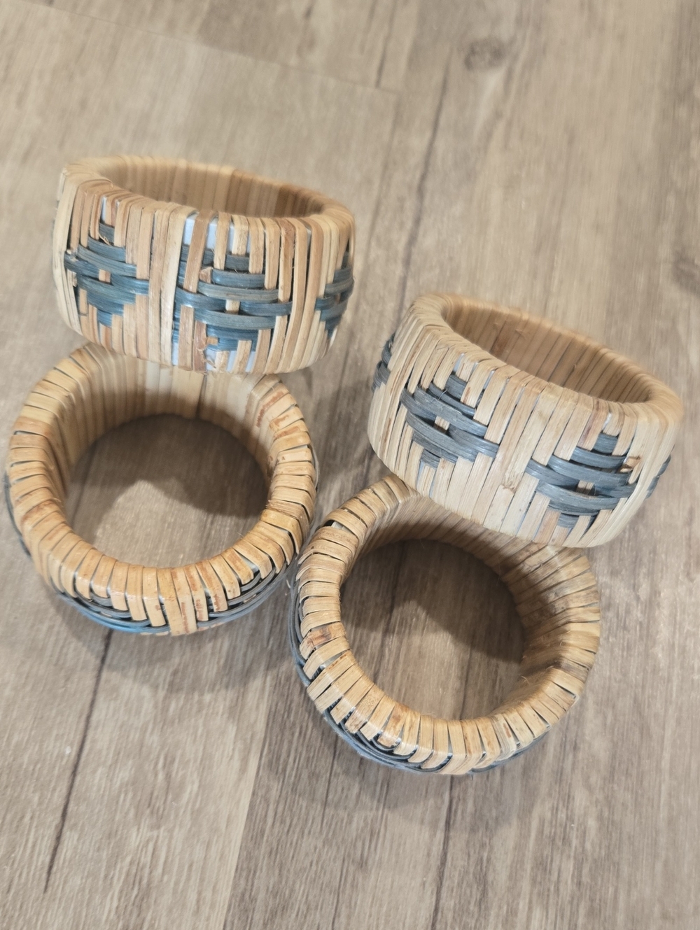 Vintage Woven Rattan Napkin Rings - Natural and Blue